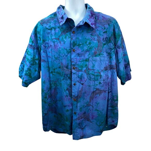 Vintage Straight Down Shirt Mens XL Blue Tie Dye Abstract Sword Fish - Picture 1 of 6